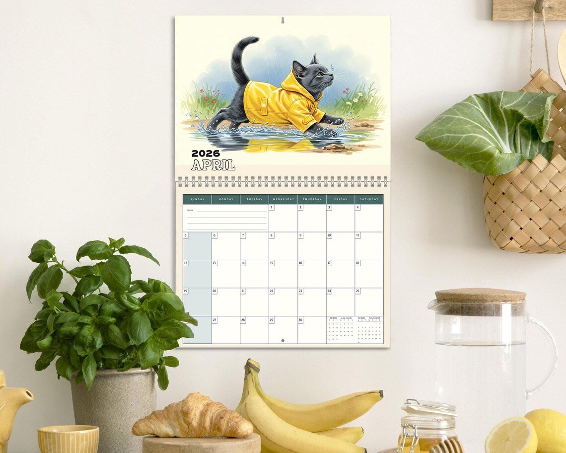 Cute Kitten 2026 Wall Calendar | Vintage Cat Planner Adorable Cat Mom Gift