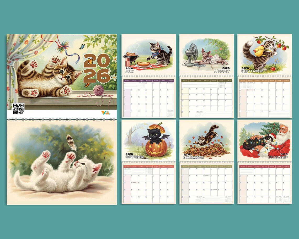Cute Kitten 2026 Wall Calendar | Vintage Cat Planner Adorable Cat Mom Gift