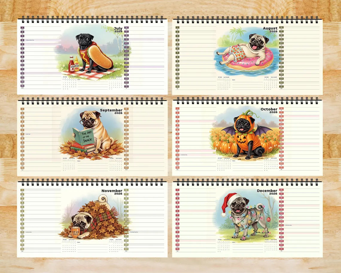 Cute Pug Dog 2026 Desk Calendar, Funny Office Gift, Adorable Dog Lover Planner