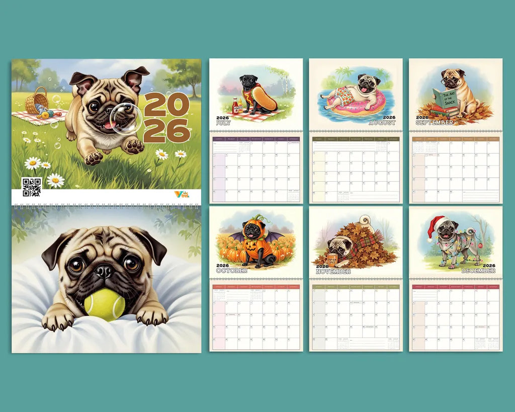 Cute Pug 2026 Wall Calendar, Adorable Dog Lover Gift, Funny Pug Puppy Planner
