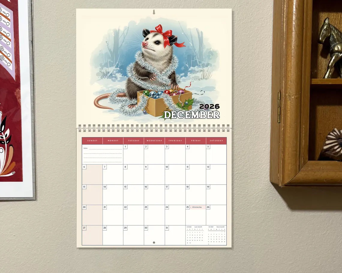 Funny Possum 2026 Wall Calendar | Trash Panda Monthly Planner Cute Gift Idea