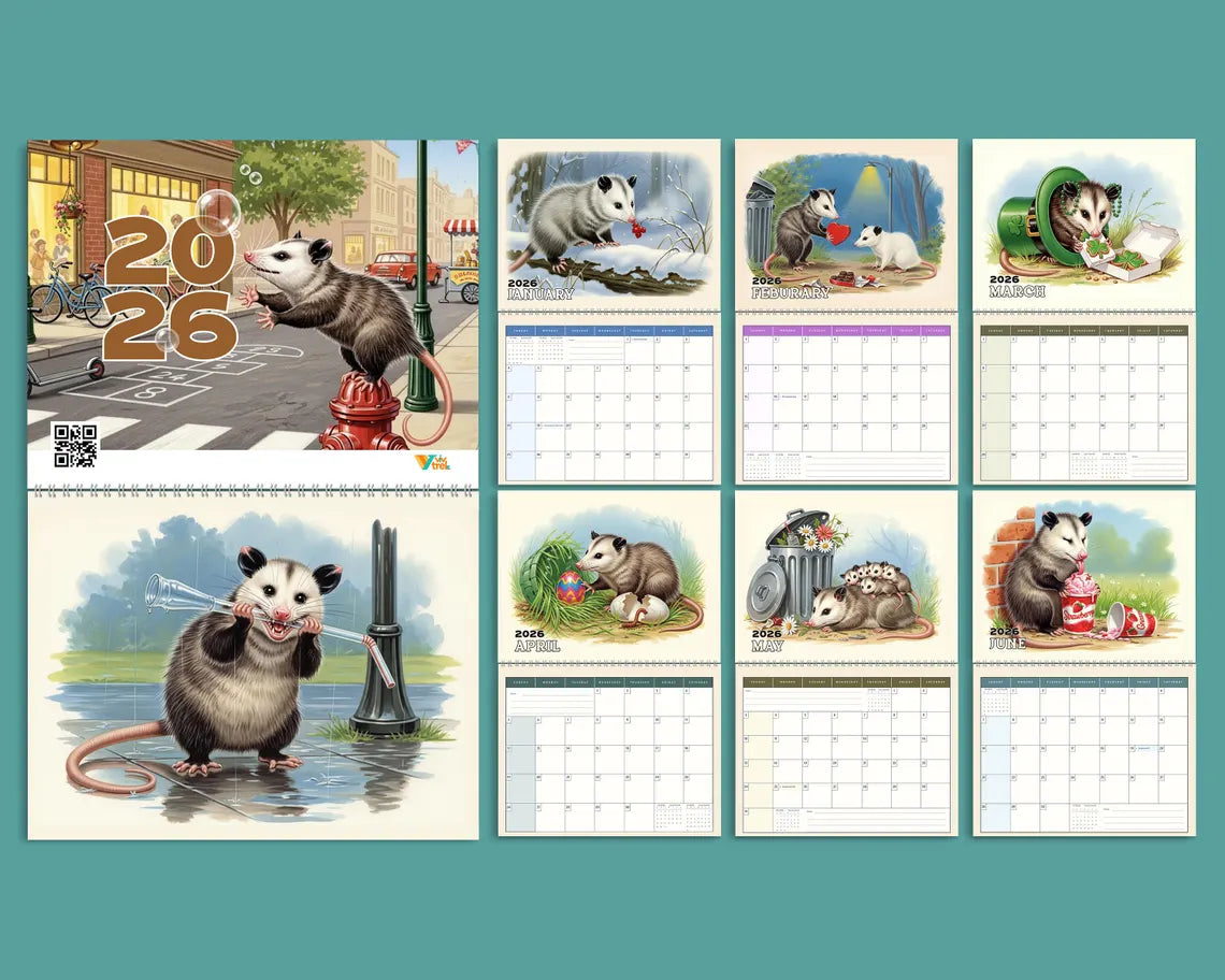 Funny Possum 2026 Wall Calendar | Trash Panda Monthly Planner Cute Gift Idea