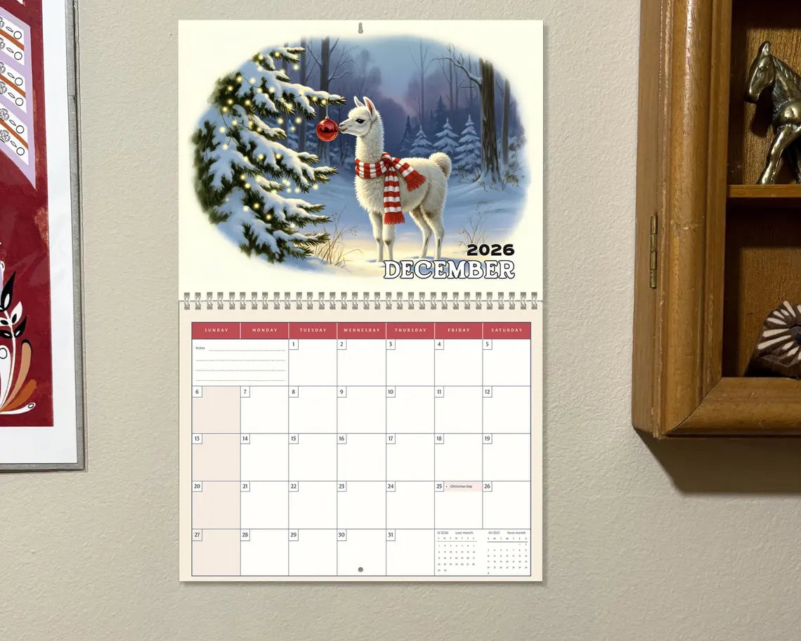 Cute Llama 2026 Wall Calendar | Alpaca Planner Boho Lover Wall Organizer