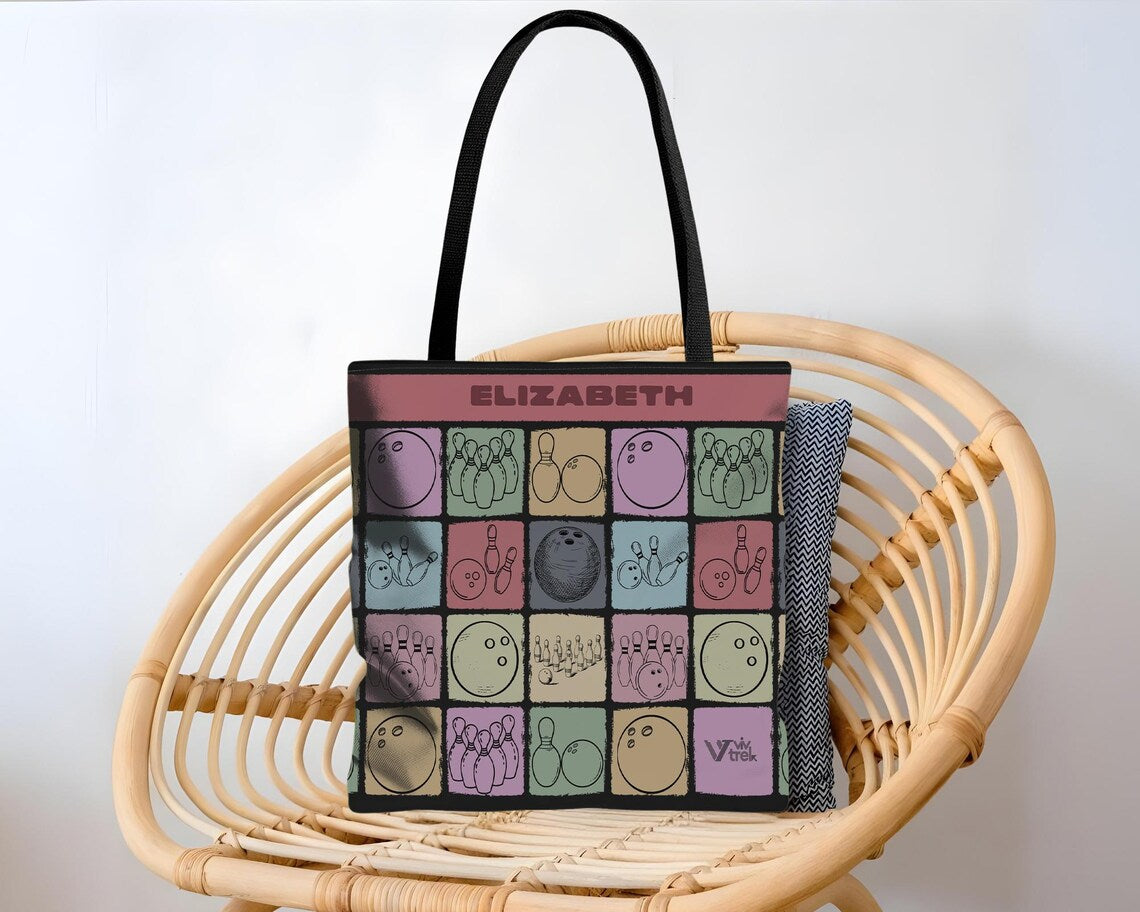 Custom Name Bowling Tote Bag | Personalized Retro Lover Gift | Vintage Game Night Canvas Shopper | Unique Sports Bag