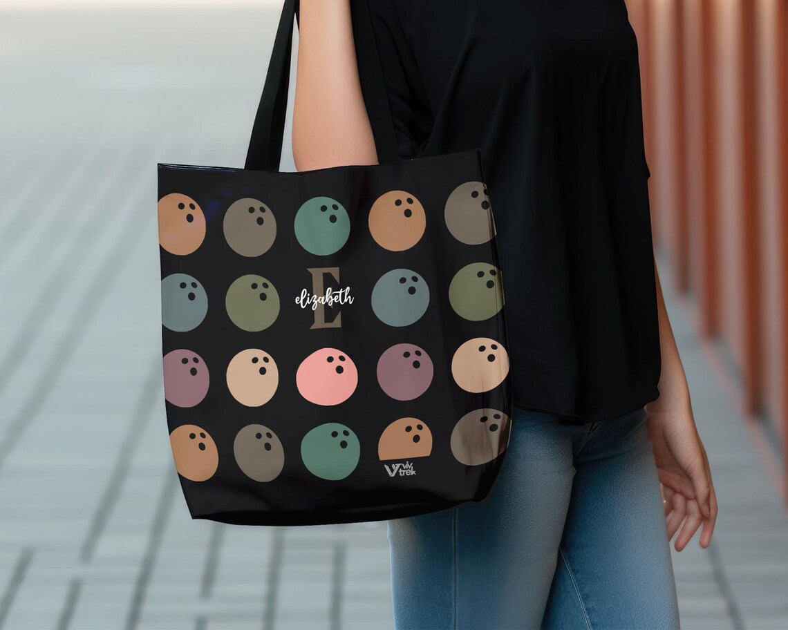 Personalized Bowling Initial Tote Bag | Custom Name Retro Lover Gift | Vintage Game Bag | Unique Sports Shopper Bag