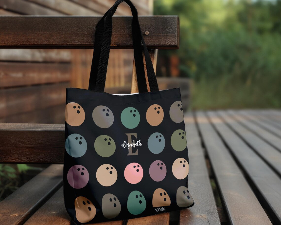 Personalized Bowling Initial Tote Bag | Custom Name Retro Lover Gift | Vintage Game Bag | Unique Sports Shopper Bag