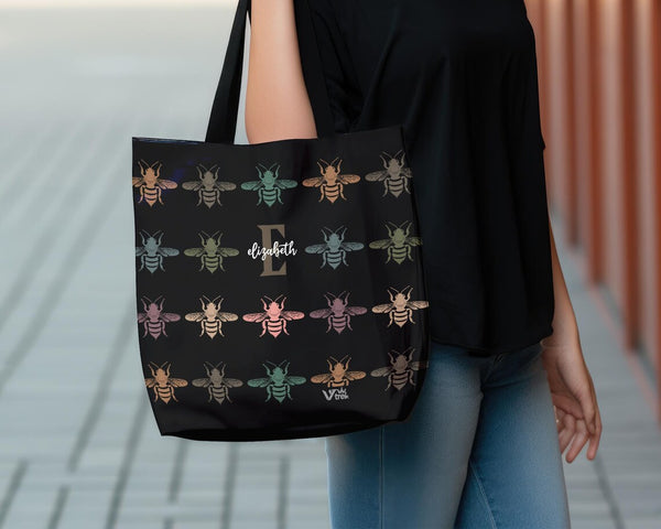 Personalized Bee Initial Tote Bag | Custom Name Honey Lover Gift | Retro Nature Canvas Bag | Vintage Bee Graphic Shopper Eco Friendly