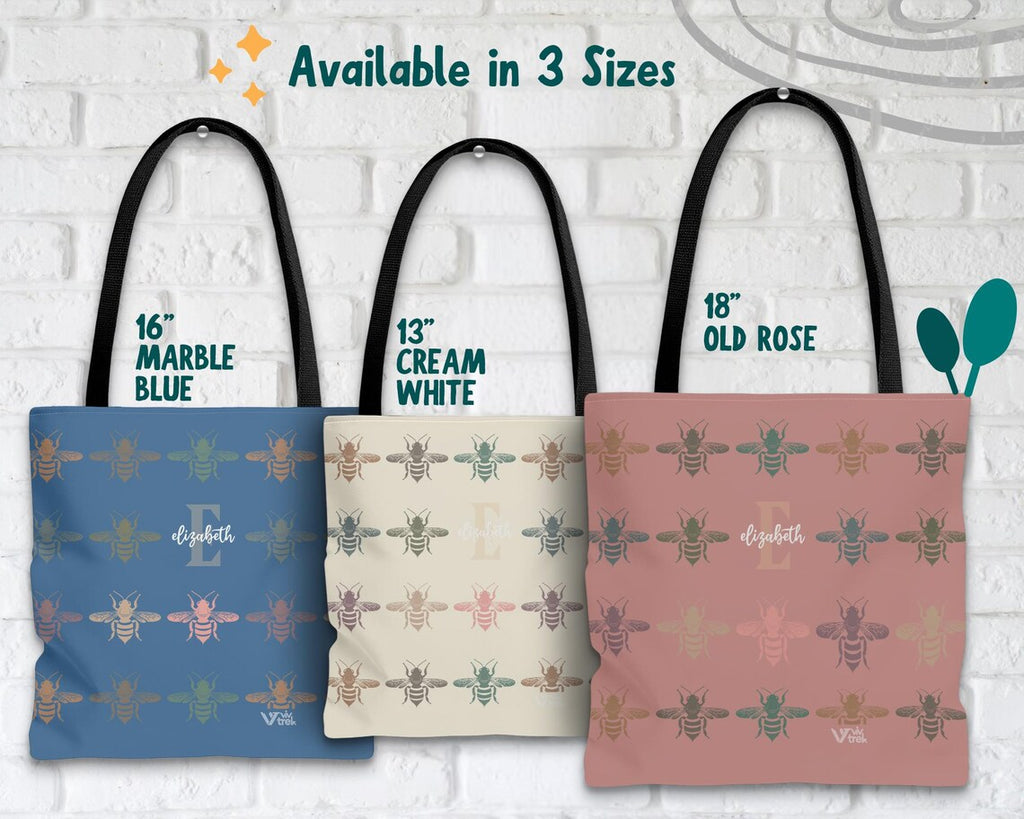 Personalized Bee Initial Tote Bag | Custom Name Honey Lover Gift | Retro Nature Canvas Bag | Vintage Bee Graphic Shopper Eco Friendly