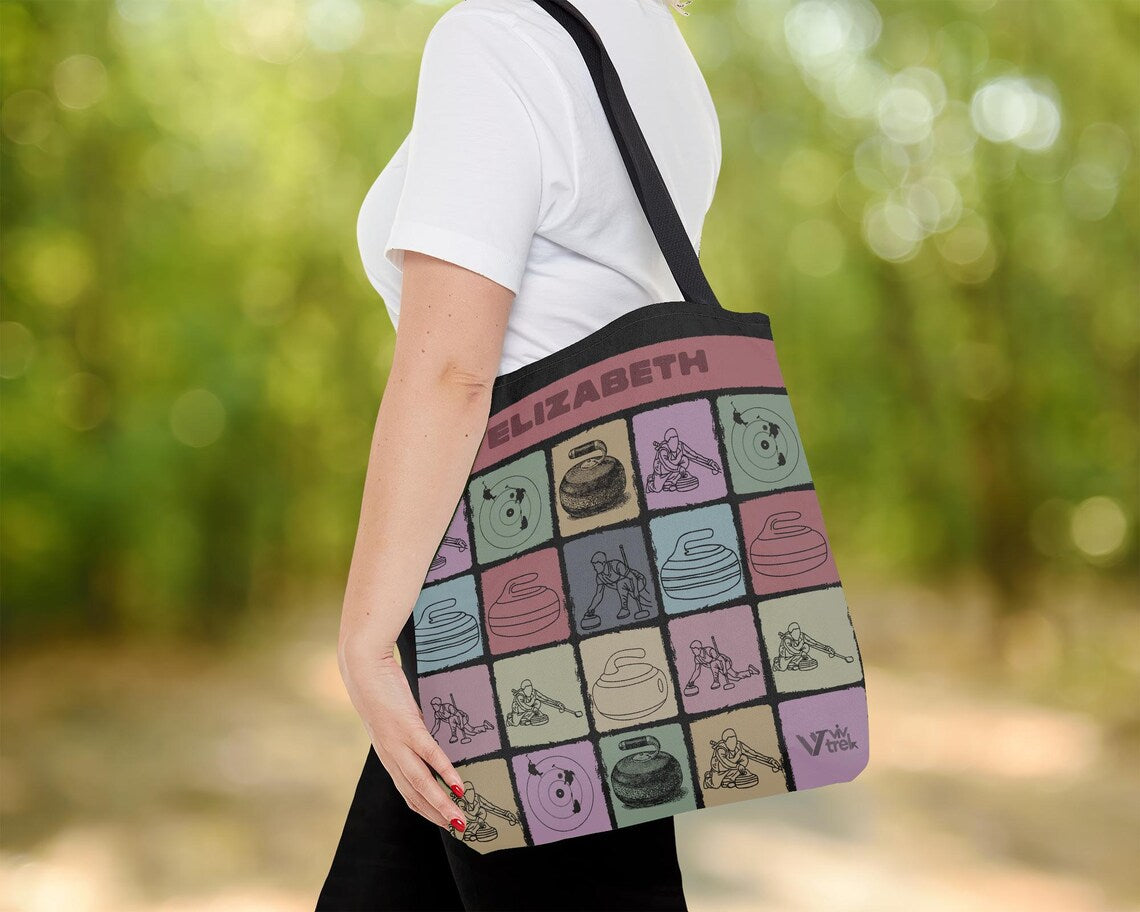 Custom Name Curling Tote Bag – Personalized Retro Sports Gift Under $25, Vintage Curling Stone Tote for Winter Athletes 🥌
