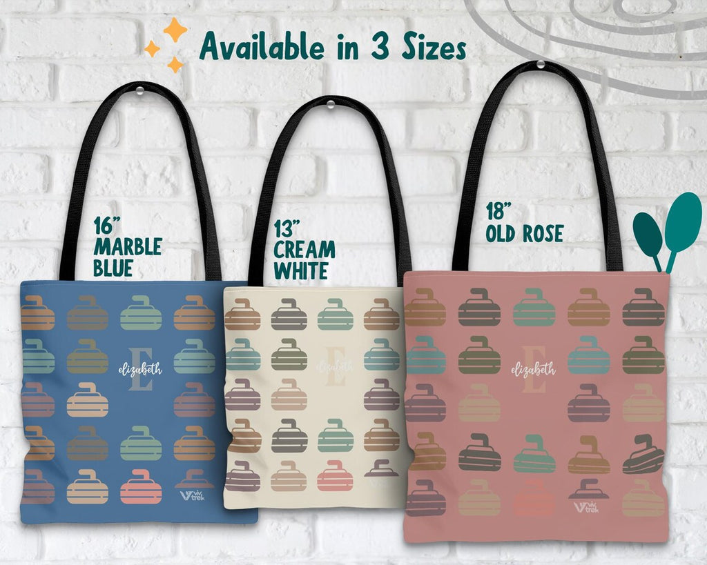 Personalized Curling Initial Tote Bag – Custom Initial Name Sports Gift Under $25, Retro Curling Stone Tote for Athletes 🥌
