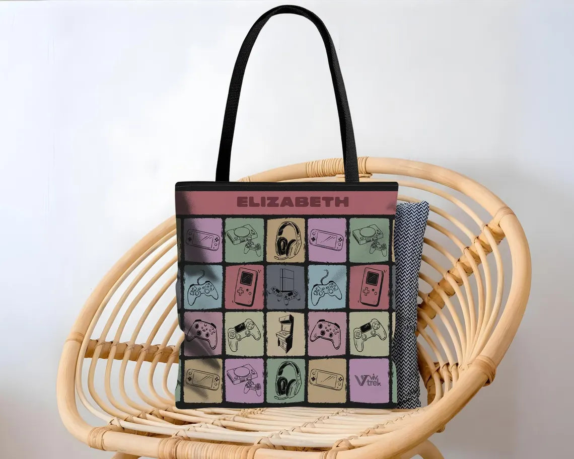 Custom Name Video Gaming Tote Bag | Personalized Gamer Gift | Retro Game Lover Shopper | Vintage Player Carry Bag Unique Present