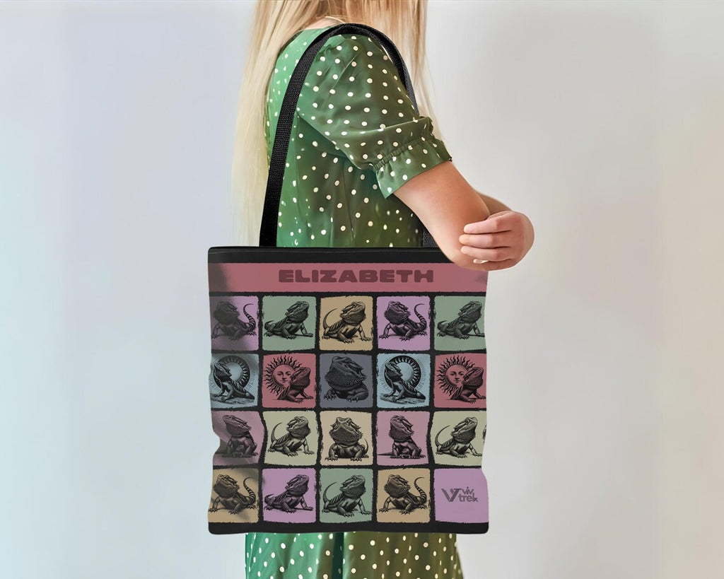 Custom Name Bearded Dragon Tote Bag | Personalized Reptile Lover Gift | Retro Pet Shopper | Vintage Graphic Bearded Dragon Carry Bag