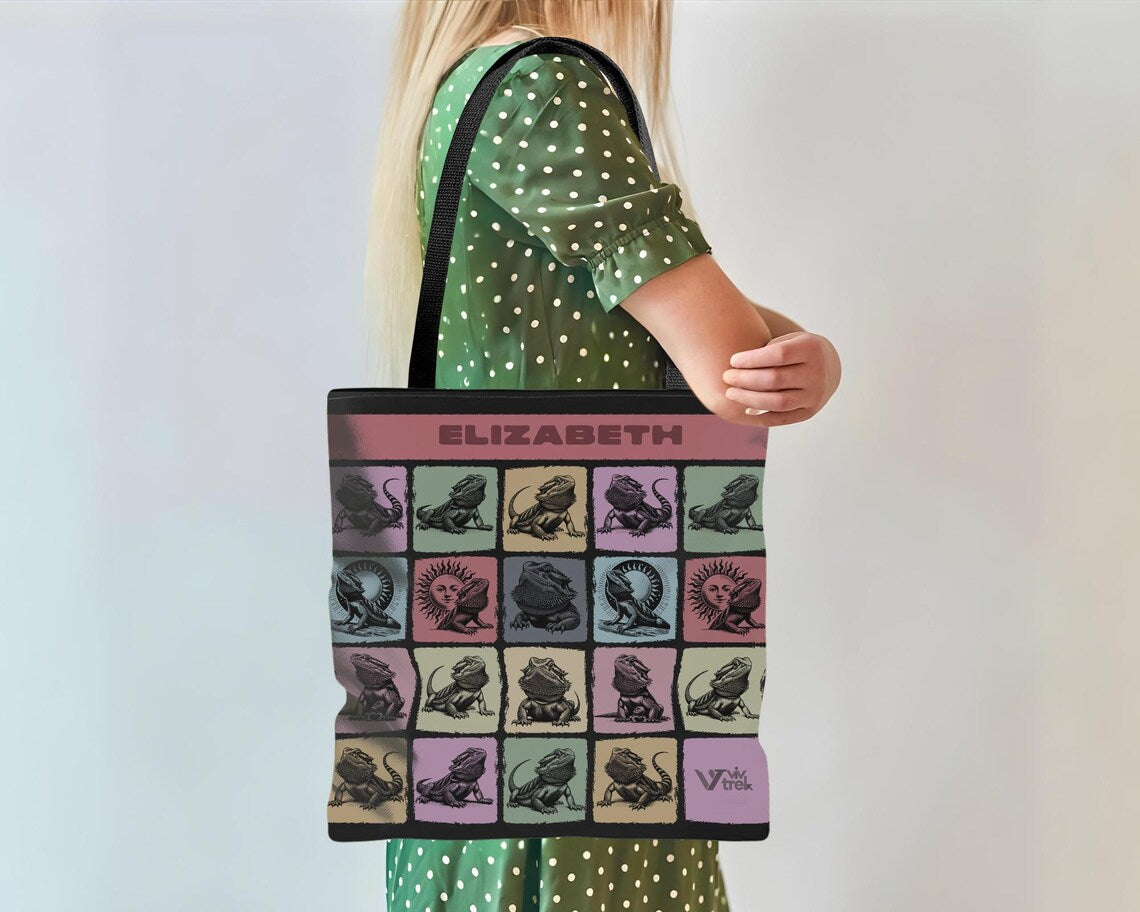 Custom Name Bearded Dragon Tote Bag | Personalized Reptile Lover Gift | Retro Pet Shopper | Vintage Graphic Bearded Dragon Carry Bag