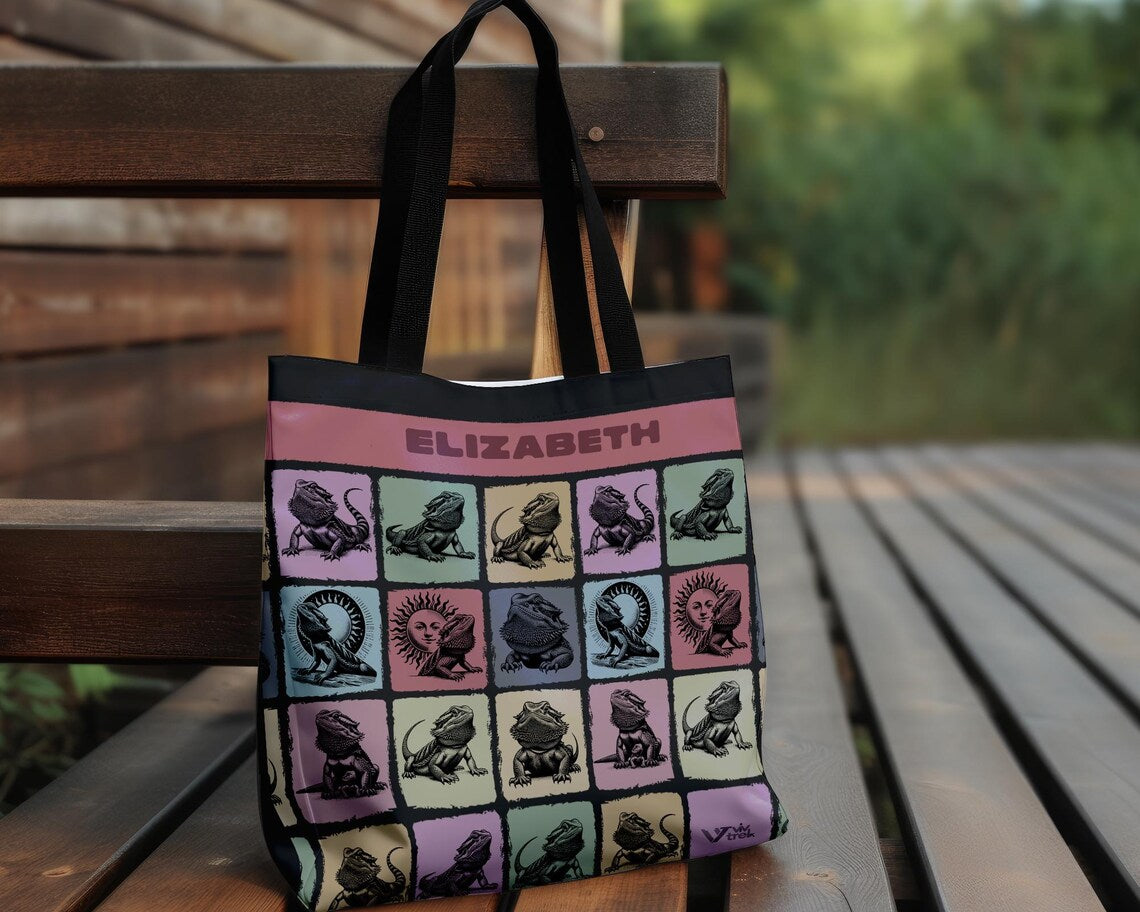 Custom Name Bearded Dragon Tote Bag | Personalized Reptile Lover Gift | Retro Pet Shopper | Vintage Graphic Bearded Dragon Carry Bag