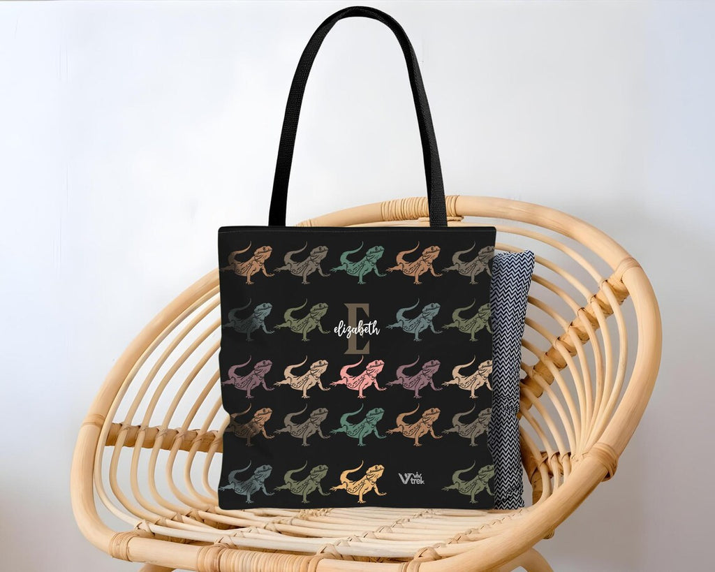Personalized Bearded Dragon Initial Tote Bag | Custom Name Reptile Lover Gift | Retro Pet Shopper | Vintage Bearded Dragon Graphic Carry Bag