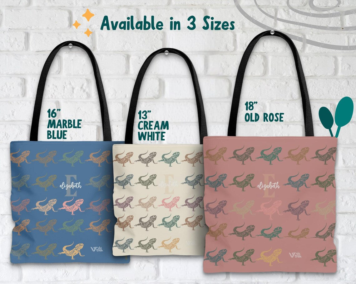 Personalized Bearded Dragon Initial Tote Bag | Custom Name Reptile Lover Gift | Retro Pet Shopper | Vintage Bearded Dragon Graphic Carry Bag