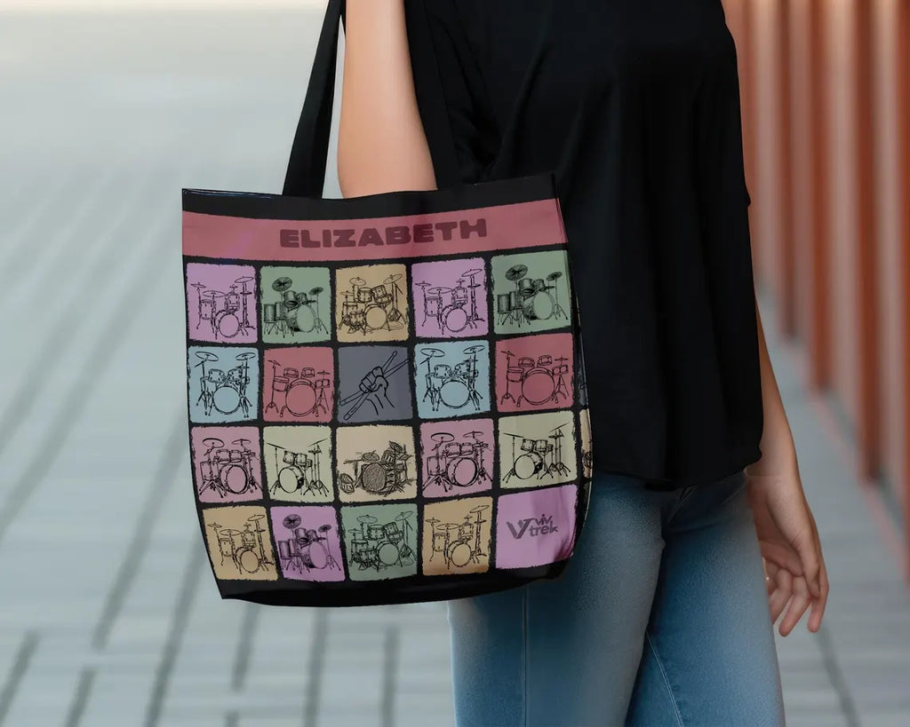 Custom Name Drummer Tote Bag - Personalized Music Lover Gift - Retro Drum Player Shopper Vintage Drummer Graphic Tote