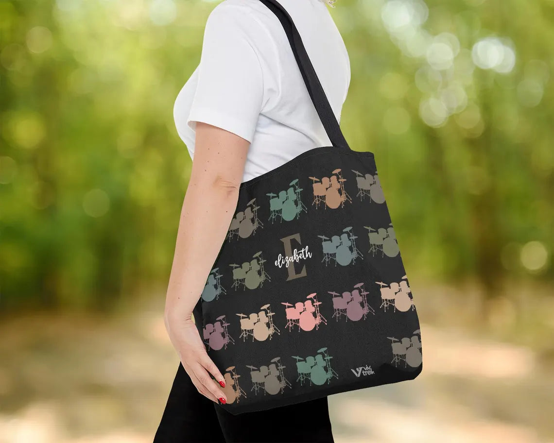 Personalized Drummer Initial Tote Bag - Custom Name Music Lover Gift - Retro Drum Player Shopper Vintage Drummer Graphic Tote