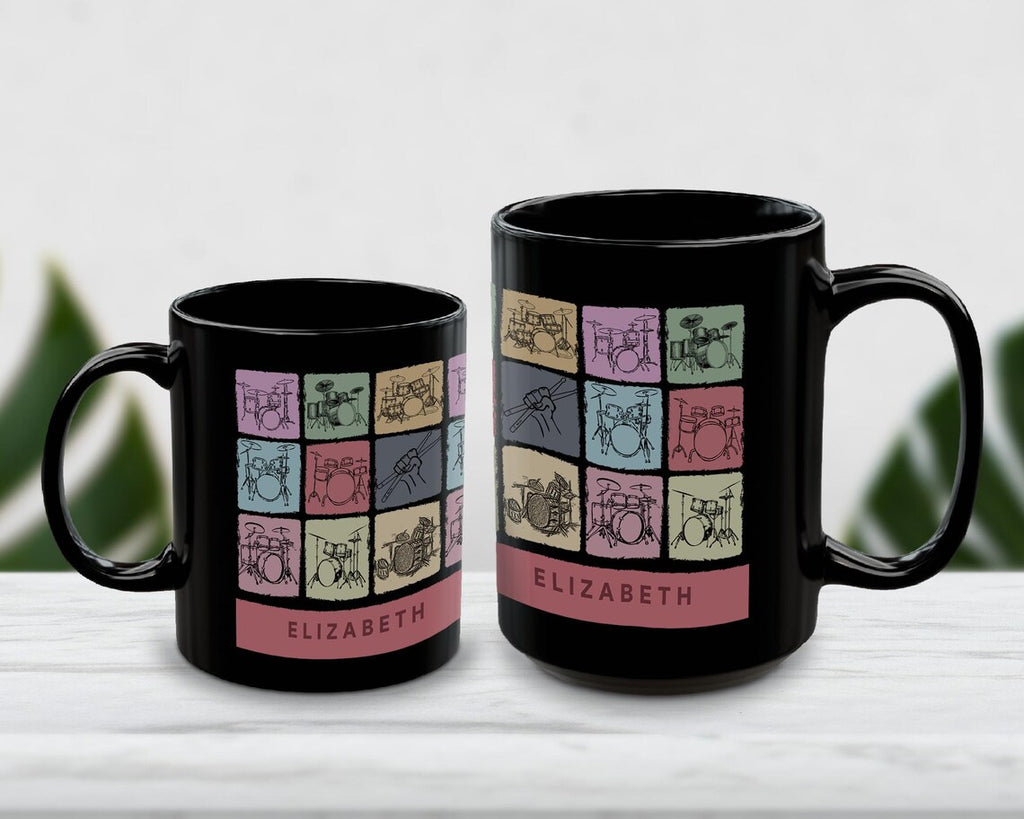 Custom Name Drummer Coffee Mug - Personalized Music Lover Cup - Retro Drum Set Mug Unique Drummer Gift for Home or Studio