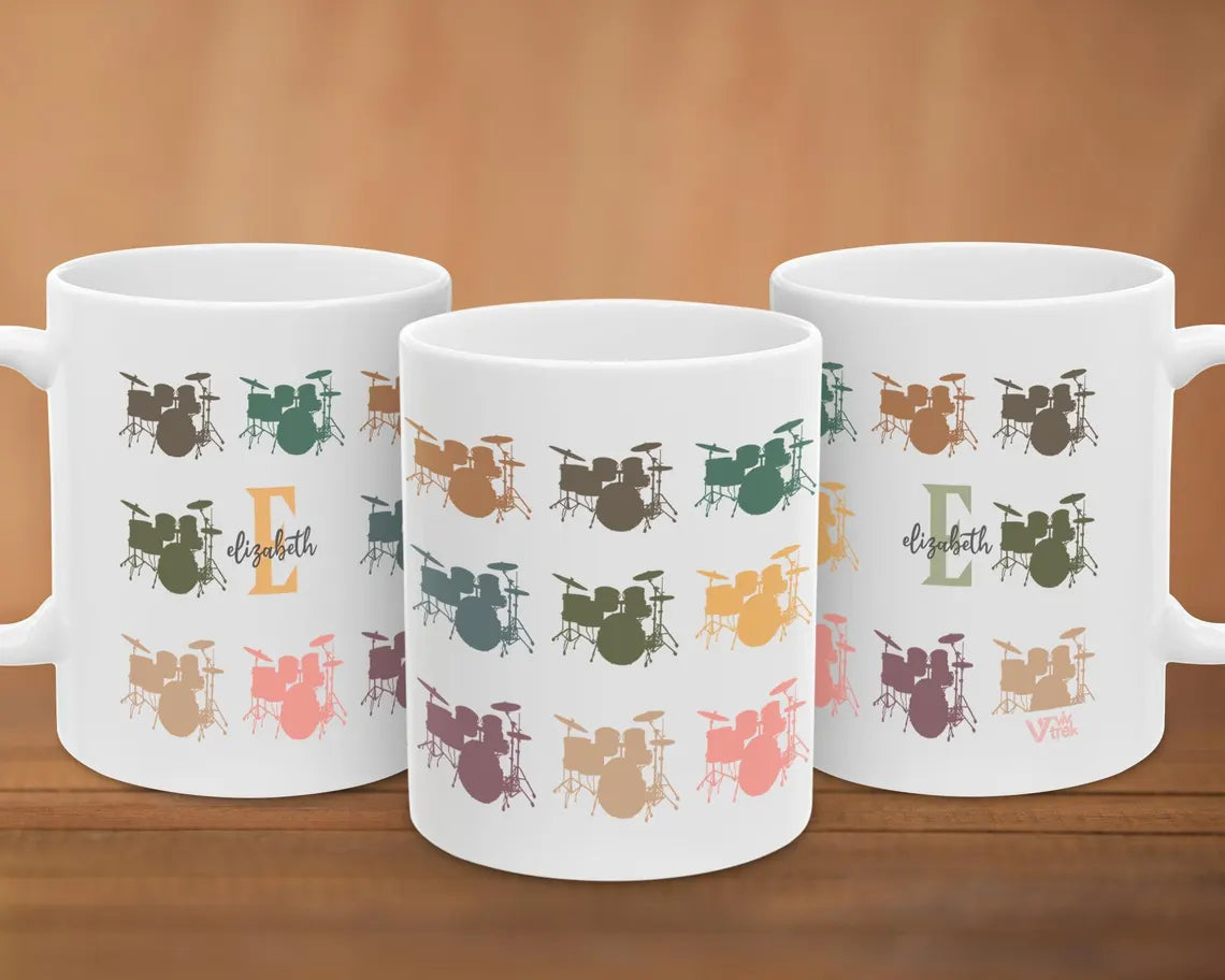 Personalized Drummer Coffee Mug - Custom Name Initial Music Lover Cup - Retro Drum Set Coffee Mug Unique Drummer Gift