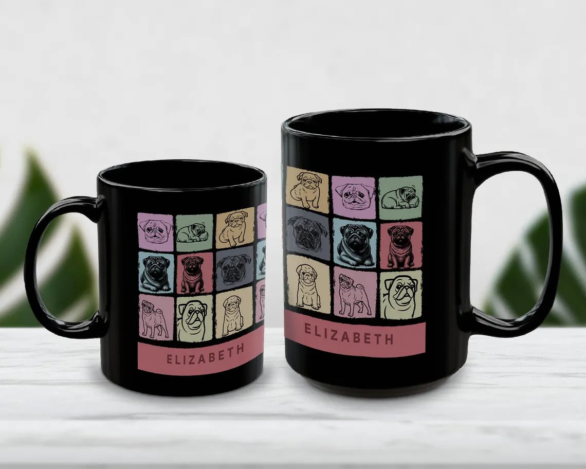 Personalized Pug Dog Mug | Custom Name Gift for Pug Mom Dad | Vintage Retro Coffee Cup | Unique Dog Owner Present