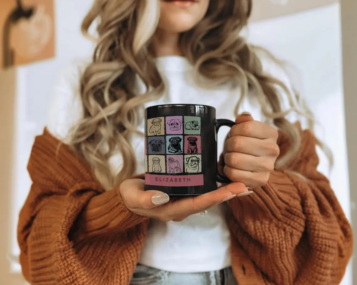 Personalized Pug Dog Mug | Custom Name Gift for Pug Mom Dad | Vintage Retro Coffee Cup | Unique Dog Owner Present