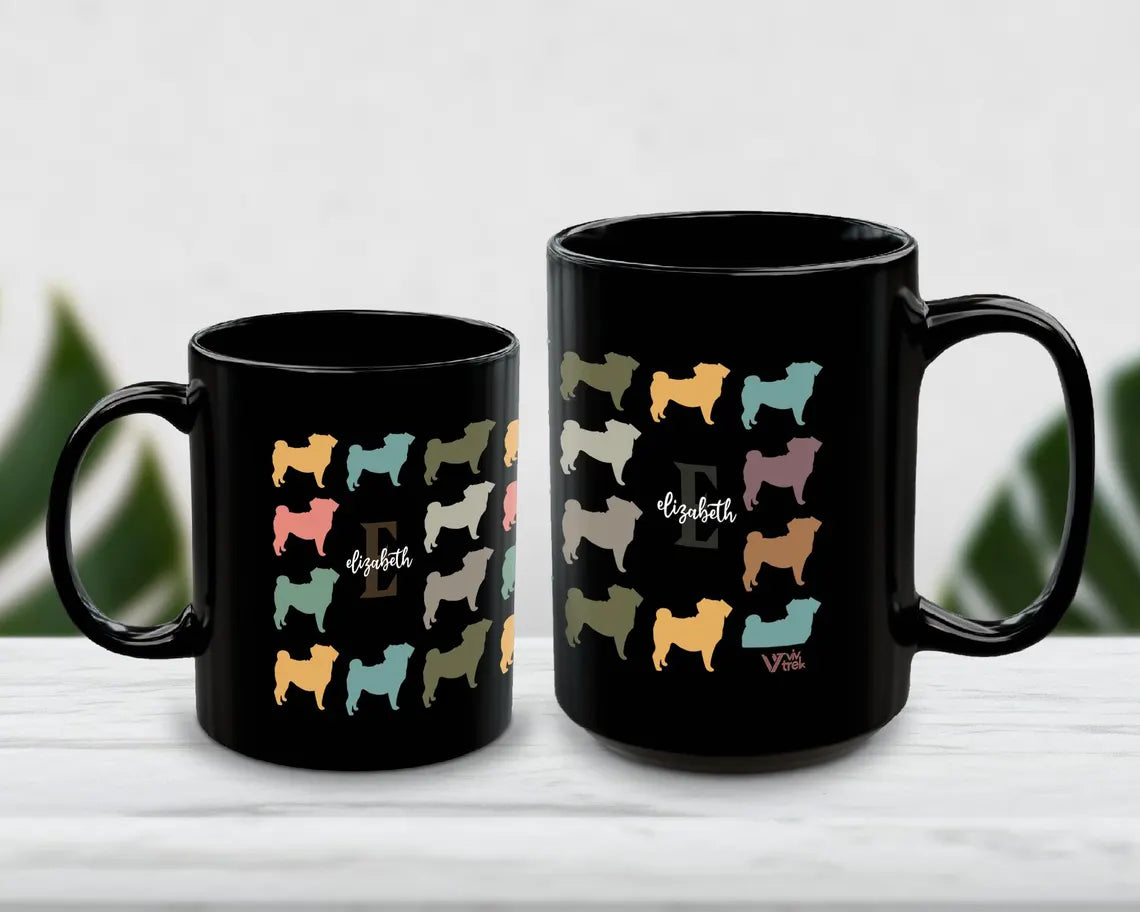 Personalized Pug Dog Mug | Custom Initial Name Gift for Dog Mom Dad | Vintage Retro Coffee Cup Present
