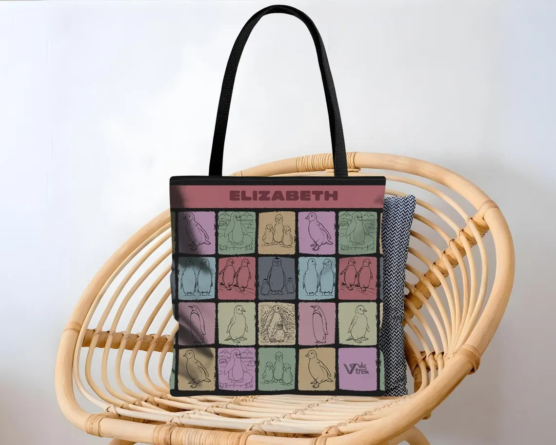 Custom Name Penguin Tote Bag - Personalized Kawaii Penguin Lover Gift - Retro Ocean Animal Shopper Vintage Sea Creature Tote