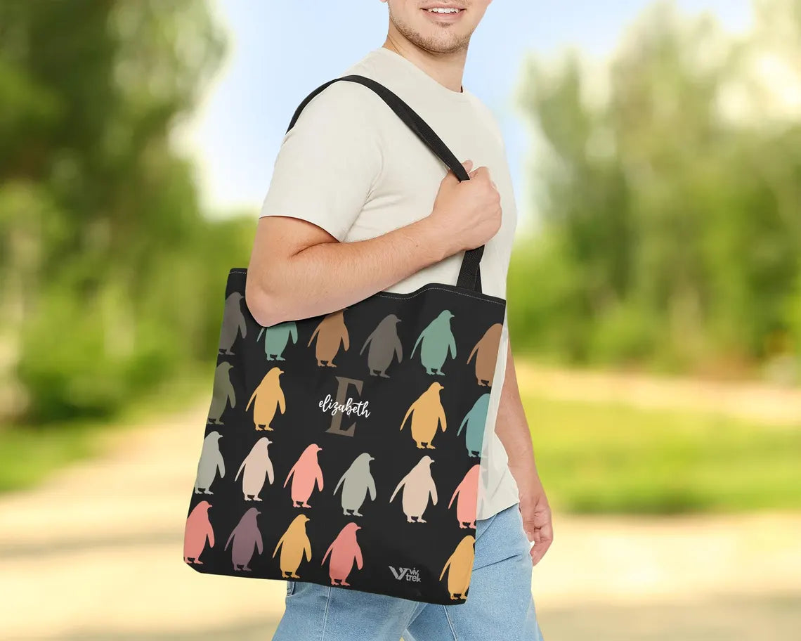 Personalized Penguin Tote Bag Custom Name Initial Kawaii Gift - Retro Ocean Animal Shopper Vintage Sea Creature Tote