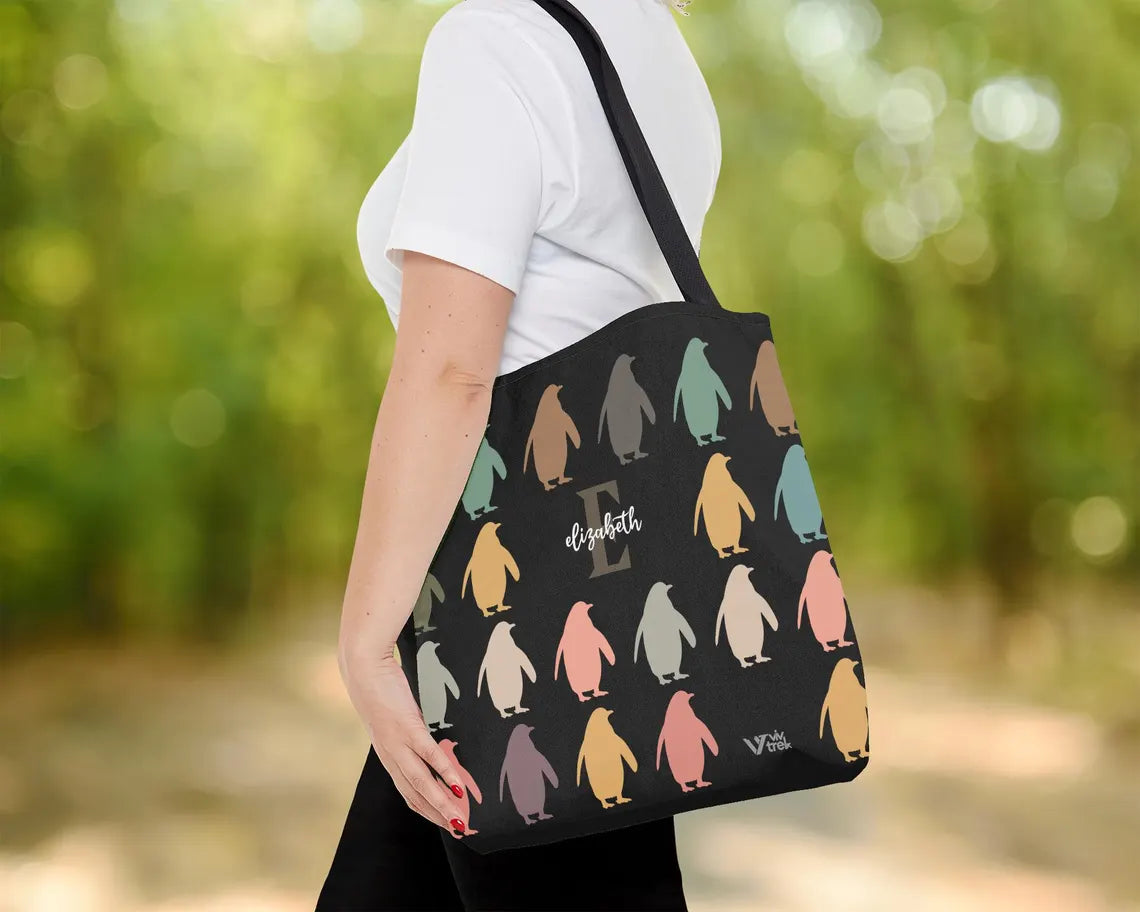 Personalized Penguin Tote Bag Custom Name Initial Kawaii Gift - Retro Ocean Animal Shopper Vintage Sea Creature Tote