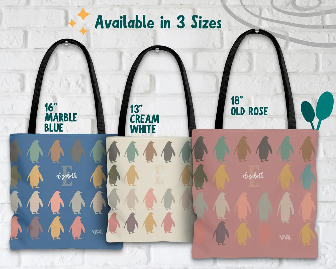 Personalized Penguin Tote Bag Custom Name Initial Kawaii Gift - Retro Ocean Animal Shopper Vintage Sea Creature Tote
