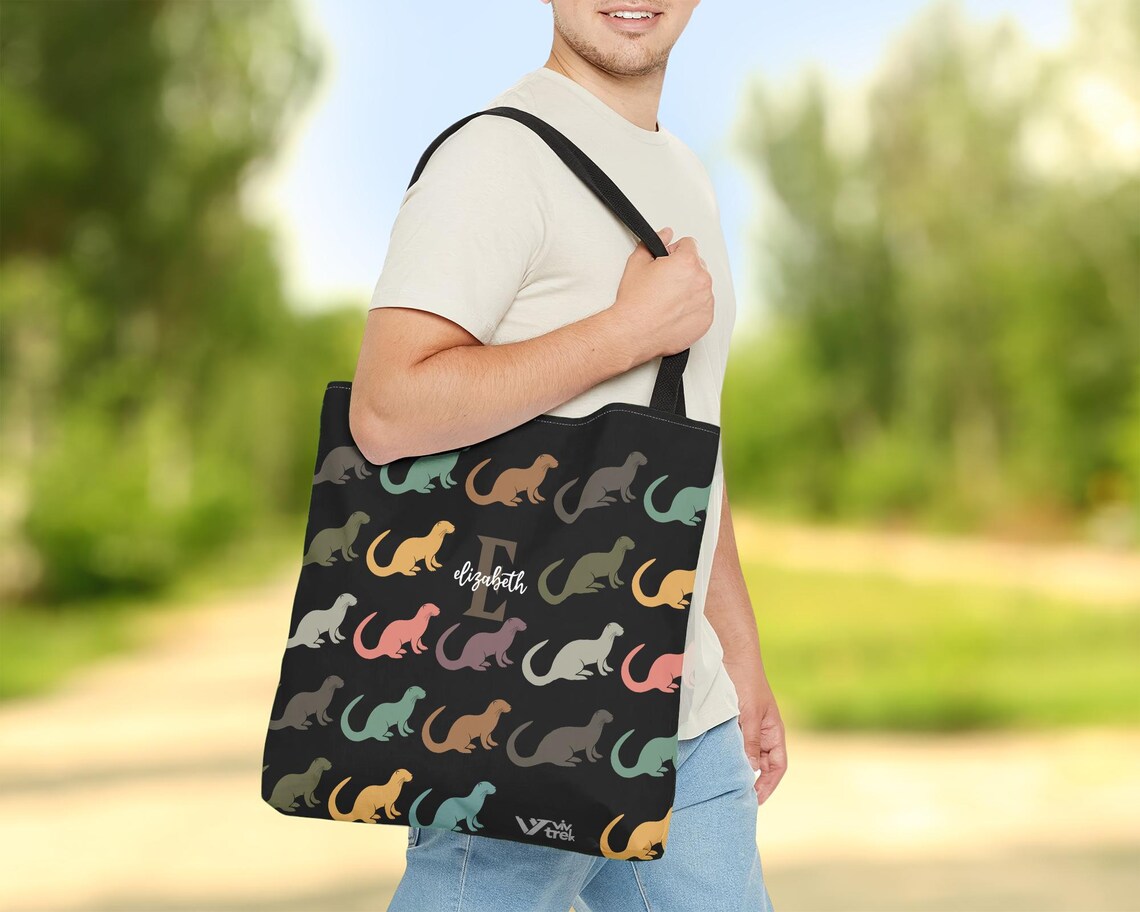 Personalized Otter Tote Bag – Custom Initial Name Sea Life Gift Under $25, Retro Vintage Animal Shopper for Her & Him 🦦