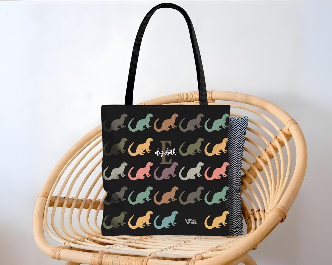 Personalized Otter Tote Bag – Custom Initial Name Sea Life Gift Under $25, Retro Vintage Animal Shopper for Her & Him 🦦