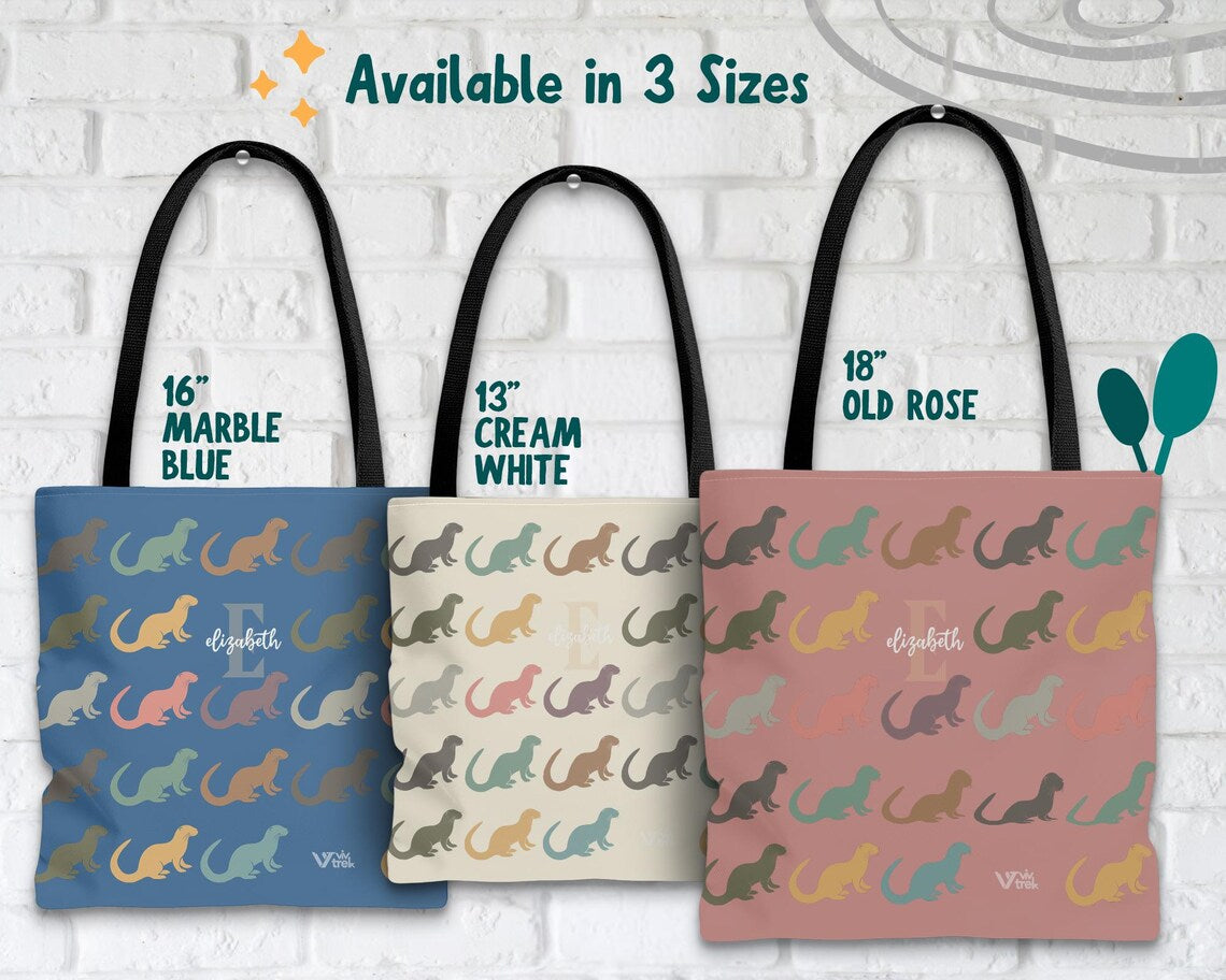 Personalized Otter Tote Bag – Custom Initial Name Sea Life Gift Under $25, Retro Vintage Animal Shopper for Her & Him 🦦