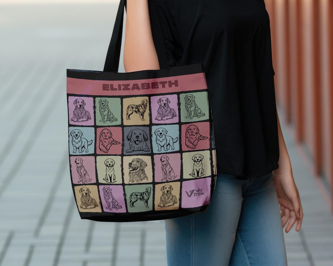 Custom Name Golden Retriever Tote Bag | Personalized Dog Lover Gift | Vintage Pet Shopper | Unique Animal Accessory