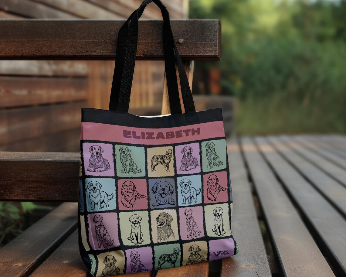 Custom Name Golden Retriever Tote Bag | Personalized Dog Lover Gift | Vintage Pet Shopper | Unique Animal Accessory