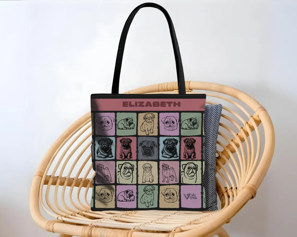 Custom Name Pug Tote Bag | Personalized Dog Lover Gift | Retro Pet Owner Shopper | Vintage Pug Art Accessory