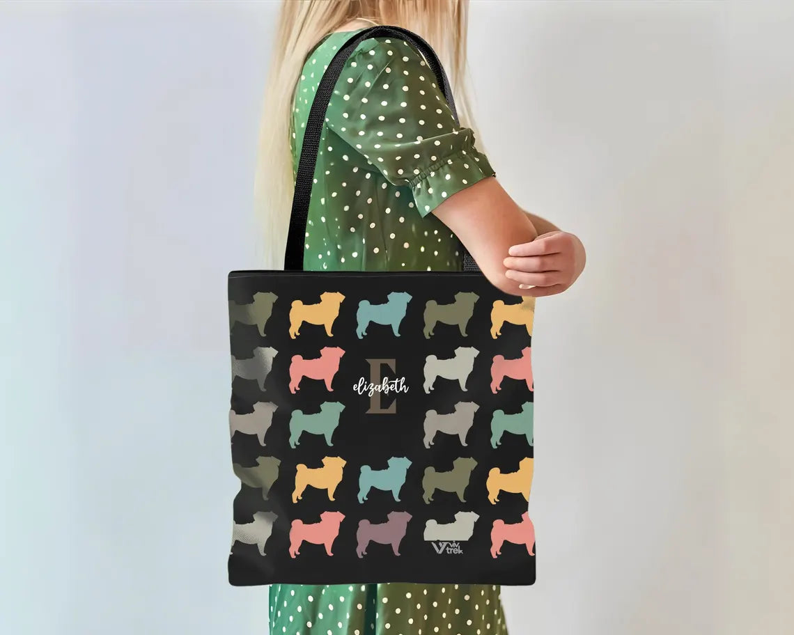 Personalized Initial Pug Dog Tote Bag | Custom Name Dog Lover Gift | Vintage Retro Pet Shopper Accessory