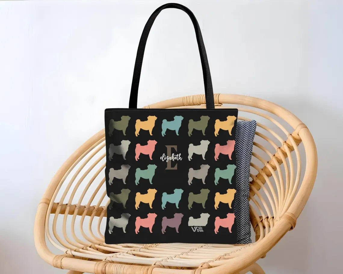 Personalized Initial Pug Dog Tote Bag | Custom Name Dog Lover Gift | Vintage Retro Pet Shopper Accessory
