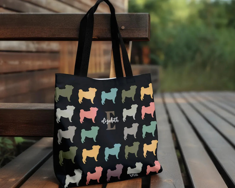 Personalized Initial Pug Dog Tote Bag | Custom Name Dog Lover Gift | Vintage Retro Pet Shopper Accessory