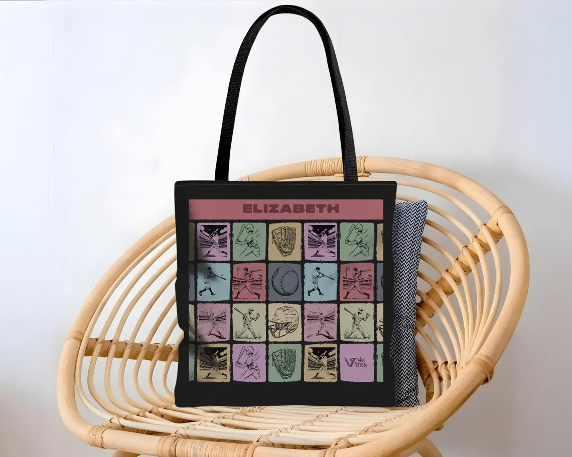Custom Name Baseball Tote Bag – Personalized Retro Sports Lover Shopper – Unique Gift Bag for Fans
