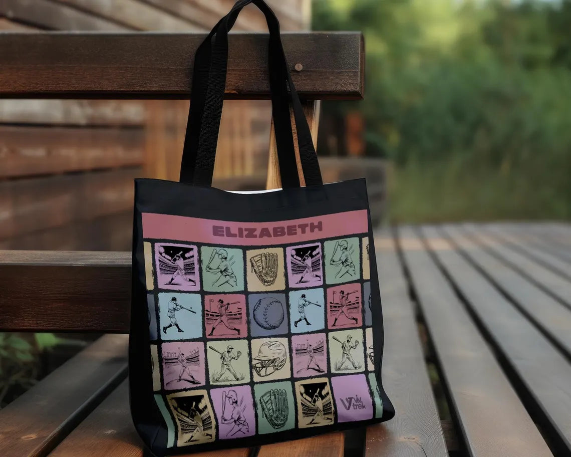 Custom Name Baseball Tote Bag – Personalized Retro Sports Lover Shopper – Unique Gift Bag for Fans