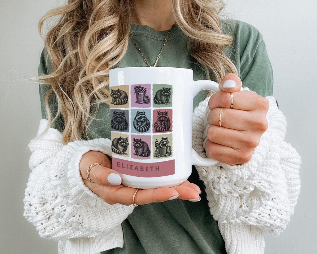 Custom Name Raccoon Mug – Personalized Trash Panda Lover Cup – Vintage Raccoon Graphic Gift – Funny Animal Coffee