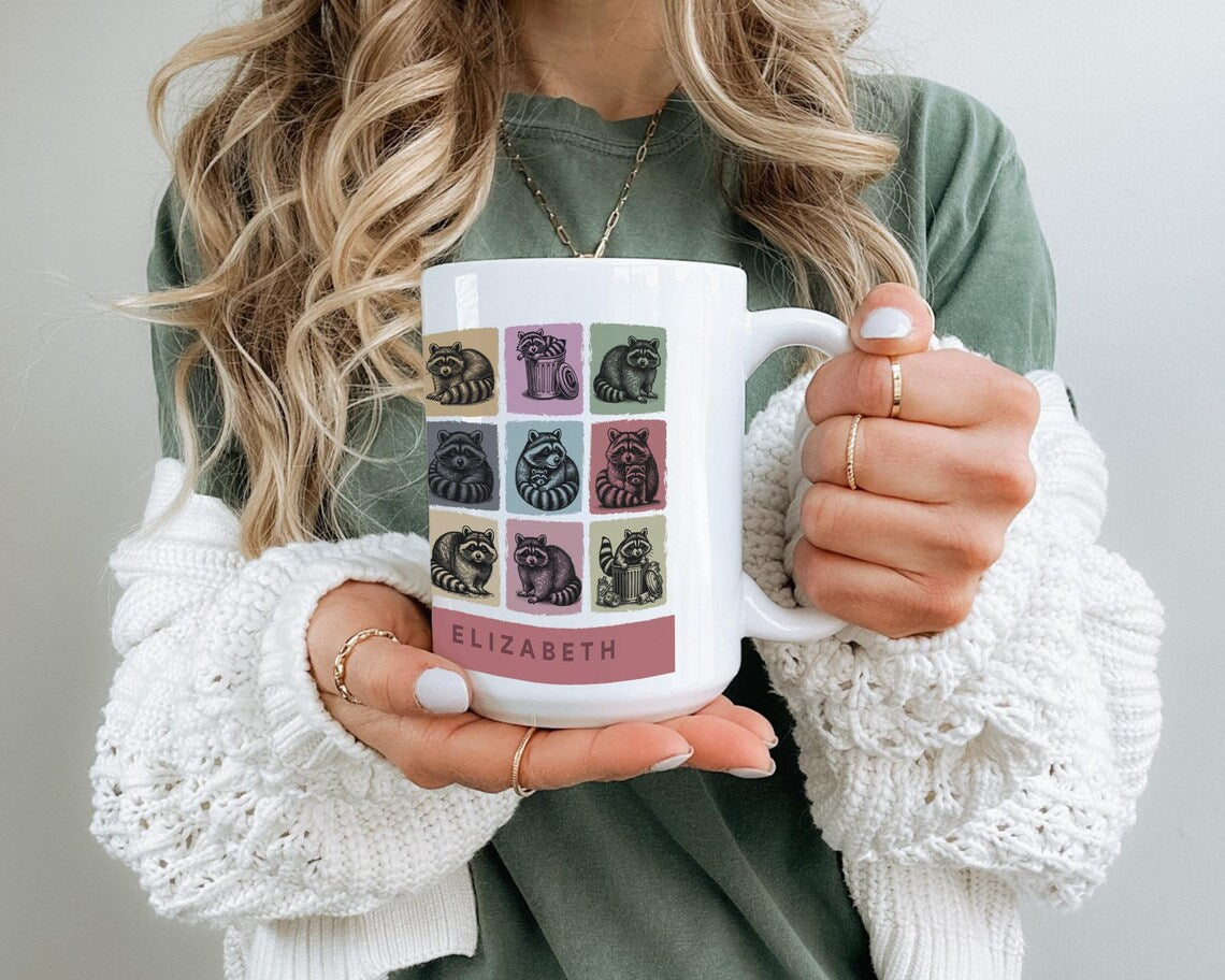 Custom Name Raccoon Mug – Personalized Trash Panda Lover Cup – Vintage Raccoon Graphic Gift – Funny Animal Coffee