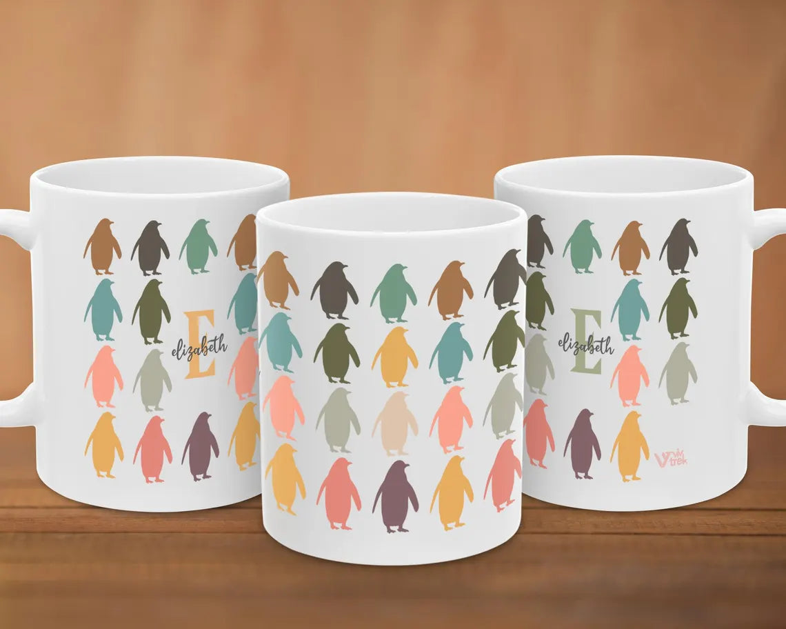 Personalized Initial Penguin Coffee Mug - Custom Name Ocean Animal Lover Cup - Vintage Penguin Graphic Mug Kawaii Gift
