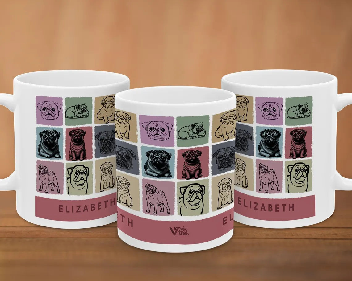 Personalized Pug Dog Mug | Custom Name Gift for Pug Mom Dad | Vintage Retro Coffee Cup | Unique Dog Owner Present