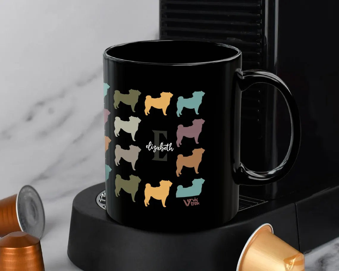 Personalized Pug Dog Mug | Custom Initial Name Gift for Dog Mom Dad | Vintage Retro Coffee Cup Present