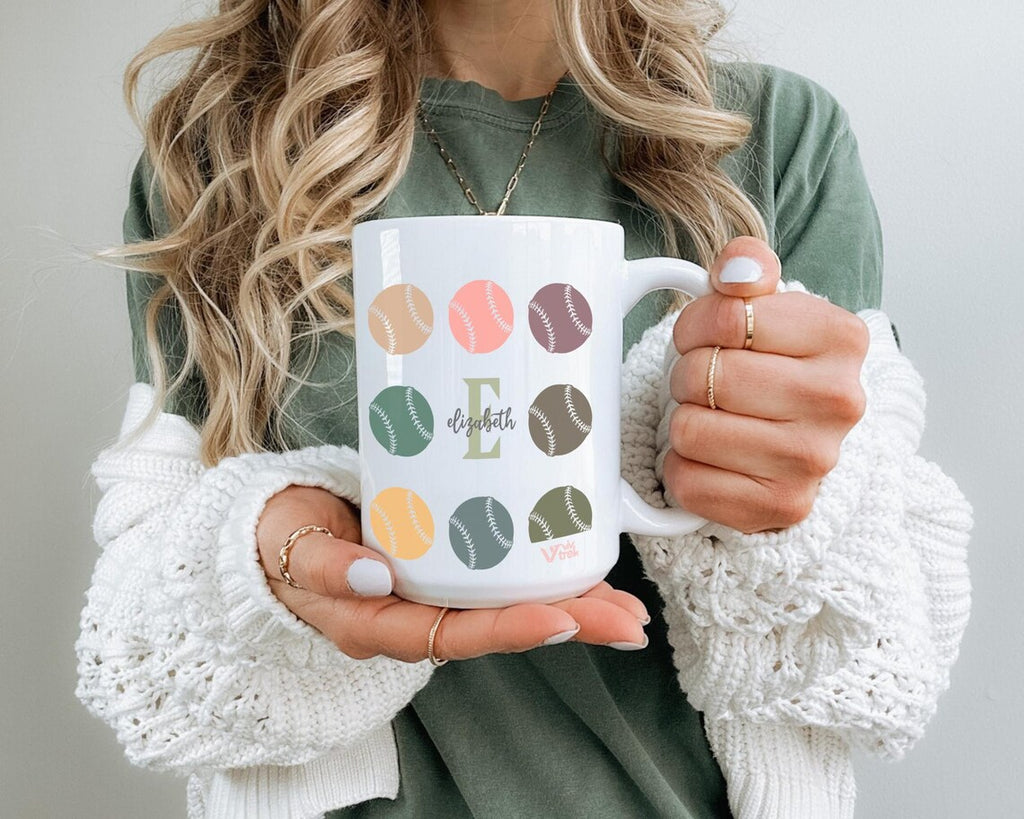 Custom Initial Name Mug – Personalized Retro Baseball Fan Cup – Unique Athlete Gift for Game Day