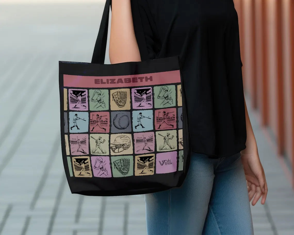 Custom Name Baseball Tote Bag – Personalized Retro Sports Lover Shopper – Unique Gift Bag for Fans