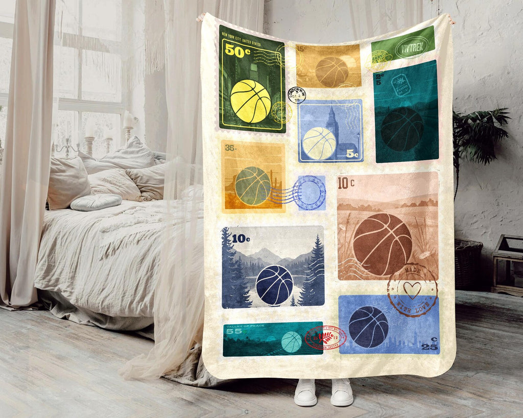 Basketball Stamp Blanket – Custom Hoop Lover Throw – Cozy Fleece Gift for Basketball Players and Coaches